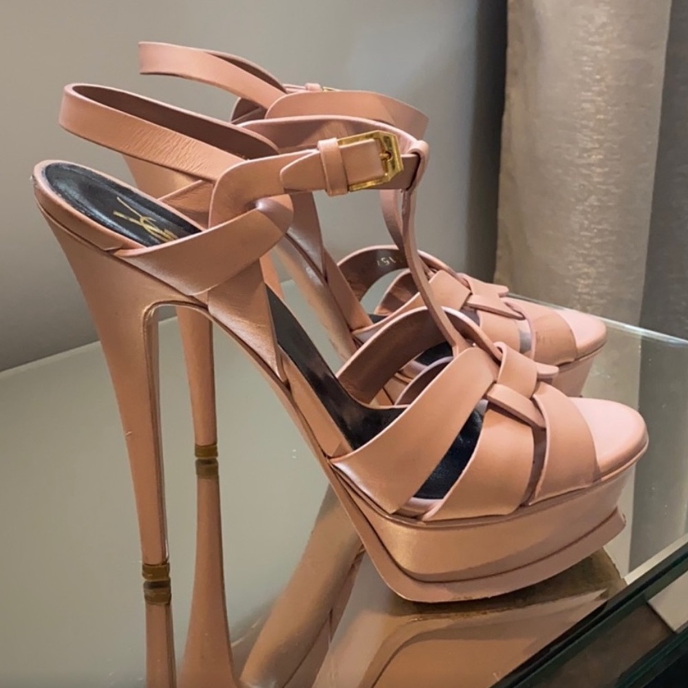 YSL Tribute platform nude sandals high heels